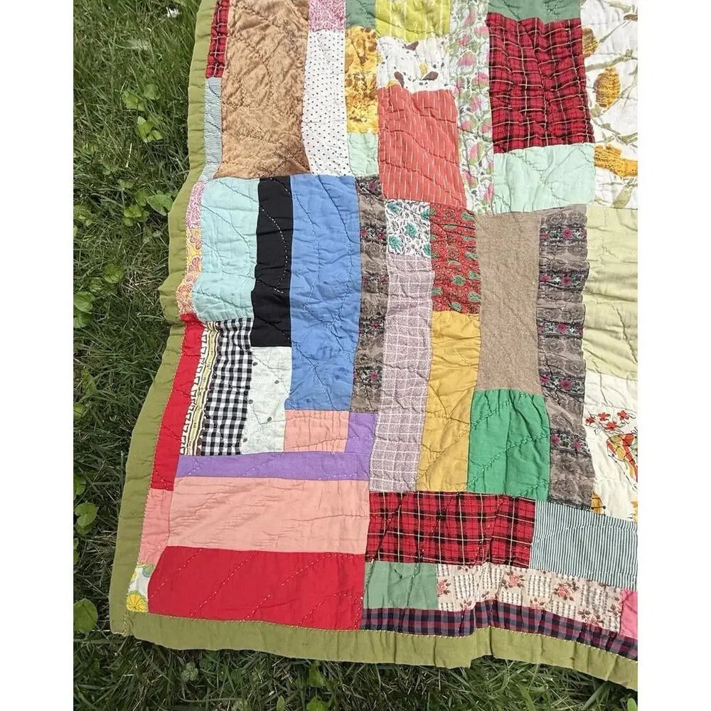 Antique Vintage 1930’s CRAZY QUILT Multi-Color Feed Sack Olive Green Back